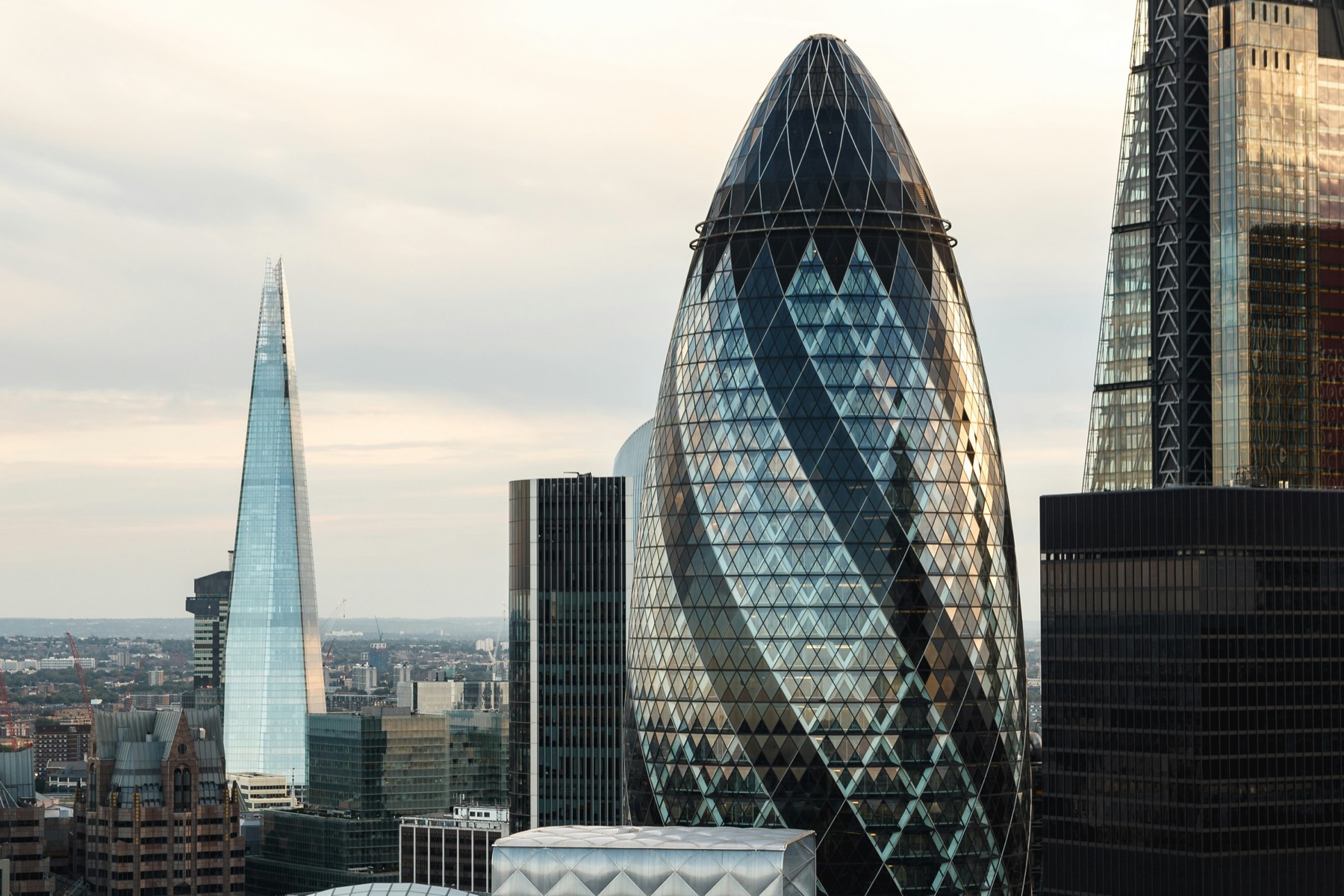 The City of London skyline, with the Gherkin and the Shard.